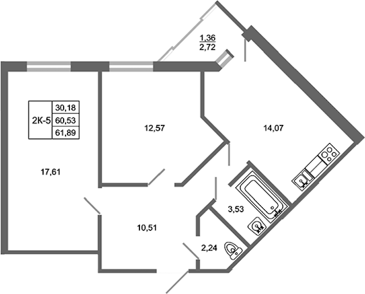 2-комнатная квартира 61.89 м², 7/17 эт., ЖК «Стороны Света 2»